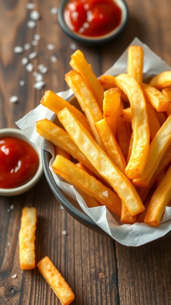 Crispy Air Fryer French Fries Recipe Crispy air fryer French fries in a bowl with ketchup on a wooden table.